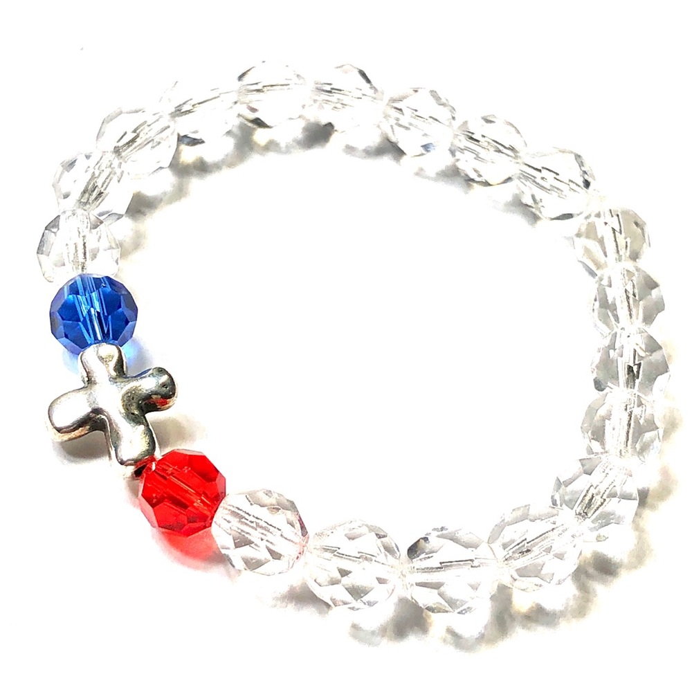 Handmade Patriotic Red Blue & Transparent Cross Stretch Bracelet Women July 4th